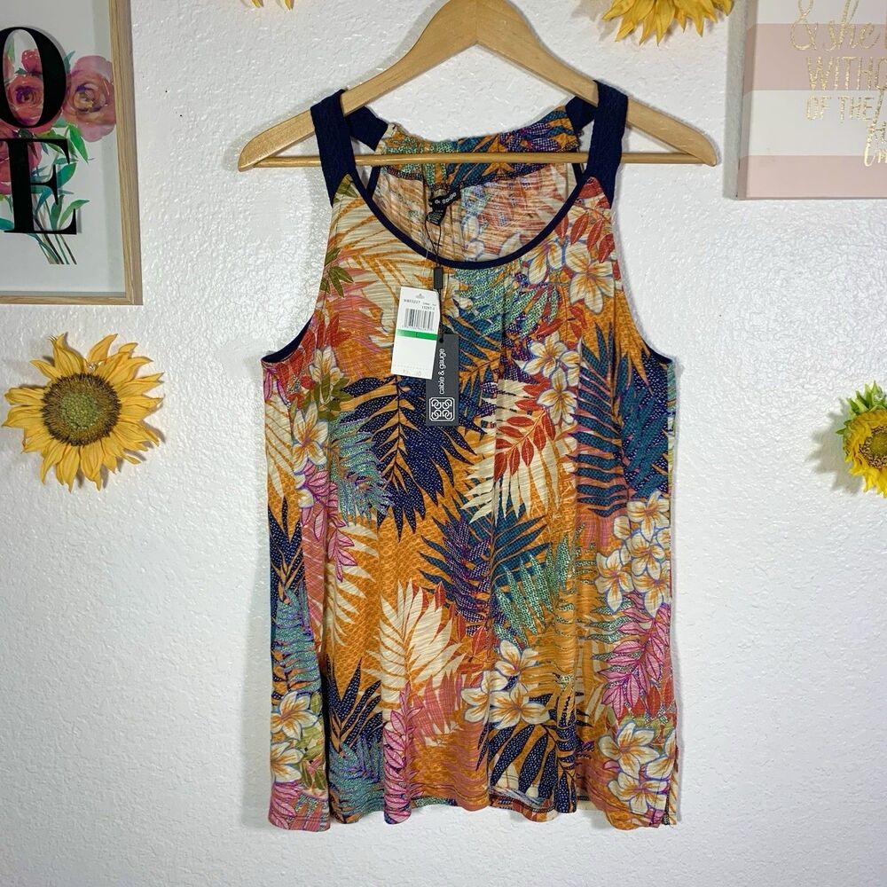 Cable & Gauge NWT Palm Leaf Floral Sleevless Blouse Size Large Womens
